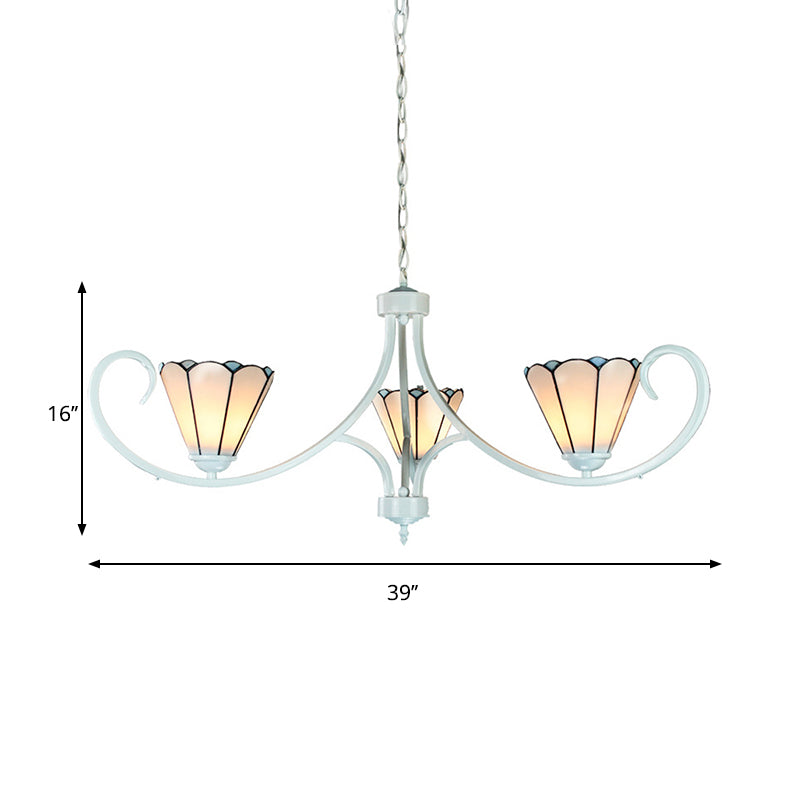 Conical Chandelier Light with Curved Arm 3 Lights White Glass Tiffany Hanging Ceiling Light Clearhalo 'Ceiling Lights' 'Chandeliers' 'Industrial' 'Middle Century Chandeliers' 'Tiffany Chandeliers' 'Tiffany close to ceiling' 'Tiffany' Lighting' 177974
