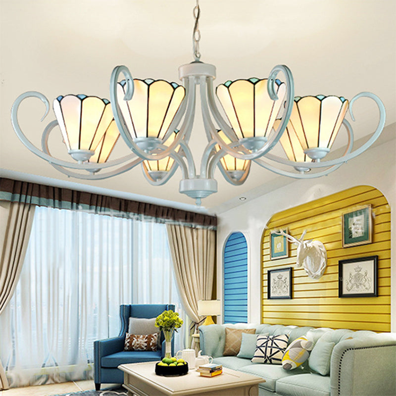 White Glass Cone Pendant Light Tiffany Traditional 5/6/8 Lights Ceiling Chandelier for Living Room 8 White Clearhalo 'Ceiling Lights' 'Chandeliers' 'Industrial' 'Middle Century Chandeliers' 'Tiffany Chandeliers' 'Tiffany close to ceiling' 'Tiffany' Lighting' 177994