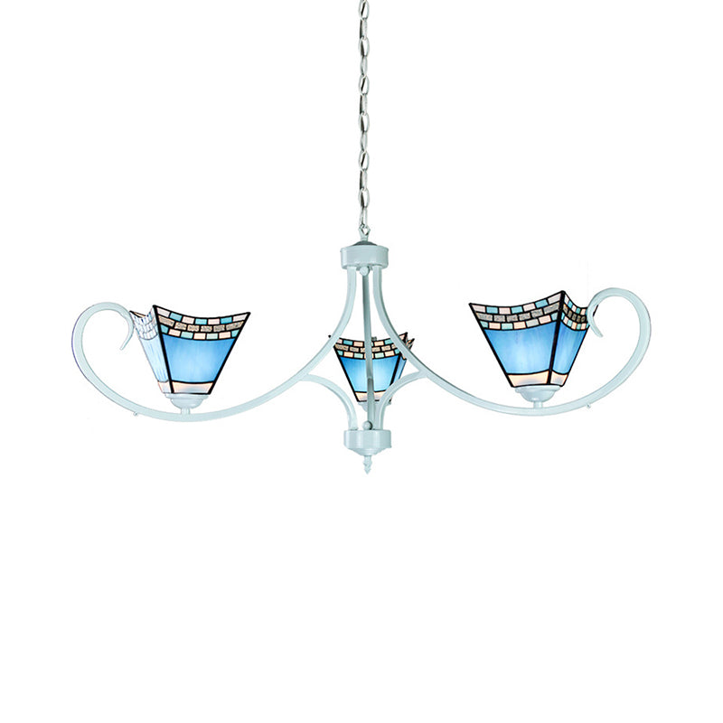 3 Lights Pyramid Hanging Light Blue Glass Nautical Suspended Light for Dining Room Clearhalo 'Ceiling Lights' 'Chandeliers' 'Industrial' 'Middle Century Chandeliers' 'Tiffany Chandeliers' 'Tiffany close to ceiling' 'Tiffany' Lighting' 178004