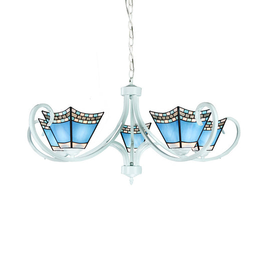 Nautical Pyramid Chandelier Light 5/6/8 Lights Blue Glass Pendant Lighting in White Finish for Living Room Clearhalo 'Ceiling Lights' 'Chandeliers' 'Close To Ceiling Lights' 'Industrial' 'Middle Century Chandeliers' 'Tiffany Chandeliers' 'Tiffany close to ceiling' 'Tiffany' Lighting' 178017