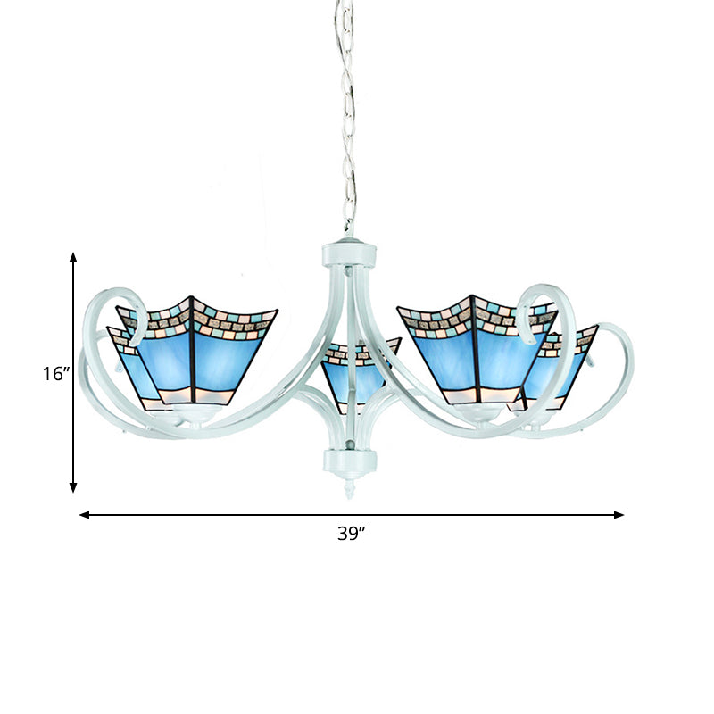 Nautical Pyramid Chandelier Light 5/6/8 Lights Blue Glass Pendant Lighting in White Finish for Living Room Clearhalo 'Ceiling Lights' 'Chandeliers' 'Close To Ceiling Lights' 'Industrial' 'Middle Century Chandeliers' 'Tiffany Chandeliers' 'Tiffany close to ceiling' 'Tiffany' Lighting' 178018