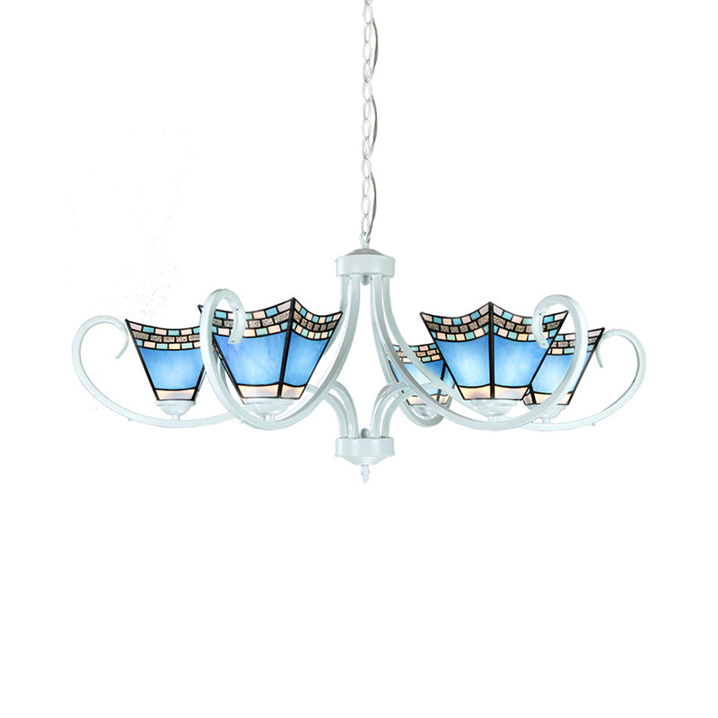 Nautical Pyramid Chandelier Light 5/6/8 Lights Blue Glass Pendant Lighting in White Finish for Living Room Clearhalo 'Ceiling Lights' 'Chandeliers' 'Close To Ceiling Lights' 'Industrial' 'Middle Century Chandeliers' 'Tiffany Chandeliers' 'Tiffany close to ceiling' 'Tiffany' Lighting' 178020