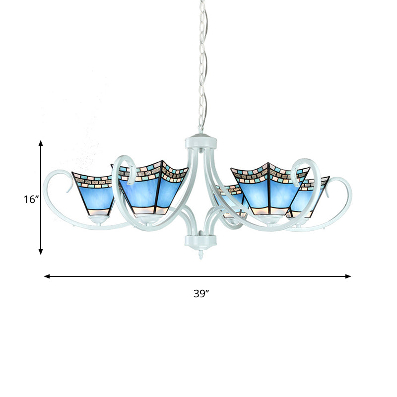 Nautical Pyramid Chandelier Light 5/6/8 Lights Blue Glass Pendant Lighting in White Finish for Living Room Clearhalo 'Ceiling Lights' 'Chandeliers' 'Close To Ceiling Lights' 'Industrial' 'Middle Century Chandeliers' 'Tiffany Chandeliers' 'Tiffany close to ceiling' 'Tiffany' Lighting' 178021
