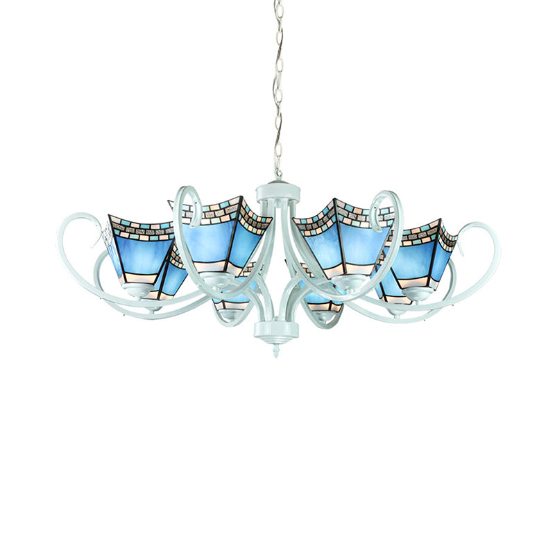 Nautical Pyramid Chandelier Light 5/6/8 Lights Blue Glass Pendant Lighting in White Finish for Living Room Clearhalo 'Ceiling Lights' 'Chandeliers' 'Close To Ceiling Lights' 'Industrial' 'Middle Century Chandeliers' 'Tiffany Chandeliers' 'Tiffany close to ceiling' 'Tiffany' Lighting' 178023