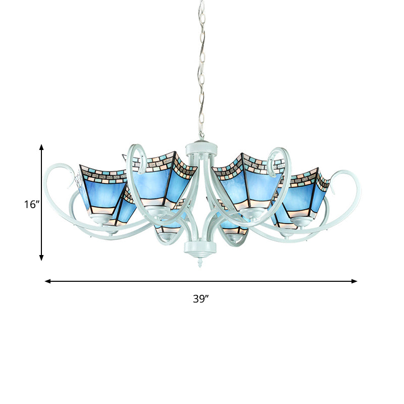 Nautical Pyramid Chandelier Light 5/6/8 Lights Blue Glass Pendant Lighting in White Finish for Living Room Clearhalo 'Ceiling Lights' 'Chandeliers' 'Close To Ceiling Lights' 'Industrial' 'Middle Century Chandeliers' 'Tiffany Chandeliers' 'Tiffany close to ceiling' 'Tiffany' Lighting' 178024