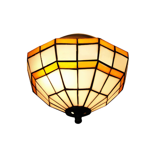 Tiffany Lattice Bowl Flush Mount Light Glass Yellow Ceiling Light for Study Room Clearhalo 'Ceiling Lights' 'Close To Ceiling Lights' 'Close to ceiling' 'Glass shade' 'Glass' 'Semi-flushmount' 'Tiffany close to ceiling' 'Tiffany' Lighting' 178027