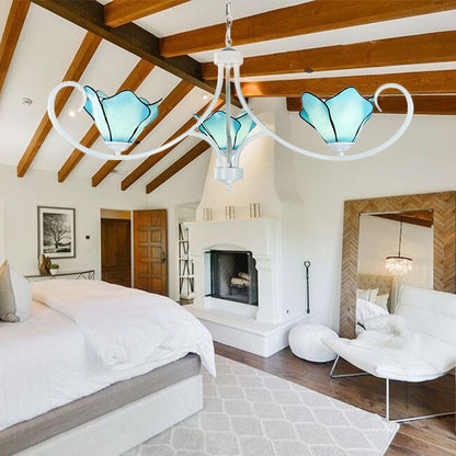 Stained Glass Petal Chandelier Light with Metal Chain Tiffany Rustic 3 Lights Foyer Pendant Light in Blue Blue Clearhalo 'Ceiling Lights' 'Chandeliers' 'Industrial' 'Middle Century Chandeliers' 'Tiffany Chandeliers' 'Tiffany close to ceiling' 'Tiffany' Lighting' 178029