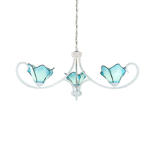 Stained Glass Petal Chandelier Light with Metal Chain Tiffany Rustic 3 Lights Foyer Pendant Light in Blue Clearhalo 'Ceiling Lights' 'Chandeliers' 'Industrial' 'Middle Century Chandeliers' 'Tiffany Chandeliers' 'Tiffany close to ceiling' 'Tiffany' Lighting' 178031