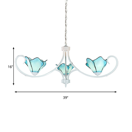 Stained Glass Petal Chandelier Light with Metal Chain Tiffany Rustic 3 Lights Foyer Pendant Light in Blue Clearhalo 'Ceiling Lights' 'Chandeliers' 'Industrial' 'Middle Century Chandeliers' 'Tiffany Chandeliers' 'Tiffany close to ceiling' 'Tiffany' Lighting' 178032