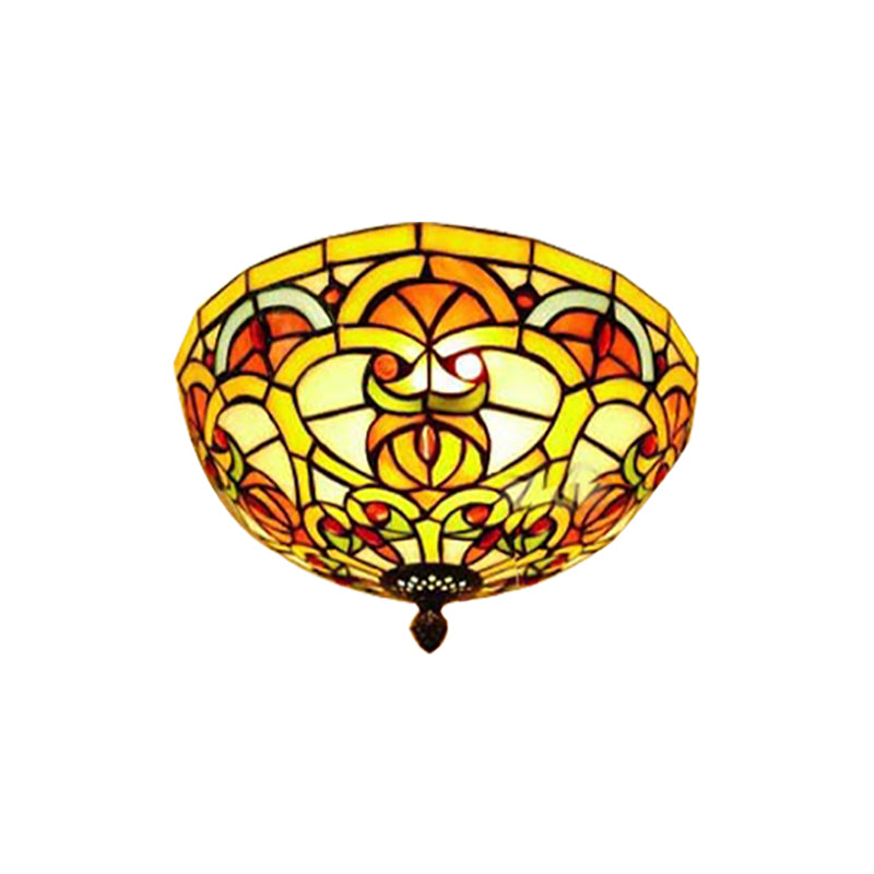 Tiffany Victorian Yellow Flush Ceiling Light Dome Stained Glass Ceiling Mount Light for Hotel Clearhalo 'Ceiling Lights' 'Chandeliers' 'Close To Ceiling Lights' 'Close to ceiling' 'Glass shade' 'Glass' 'Semi-flushmount' 'Tiffany close to ceiling' 'Tiffany' Lighting' 178035