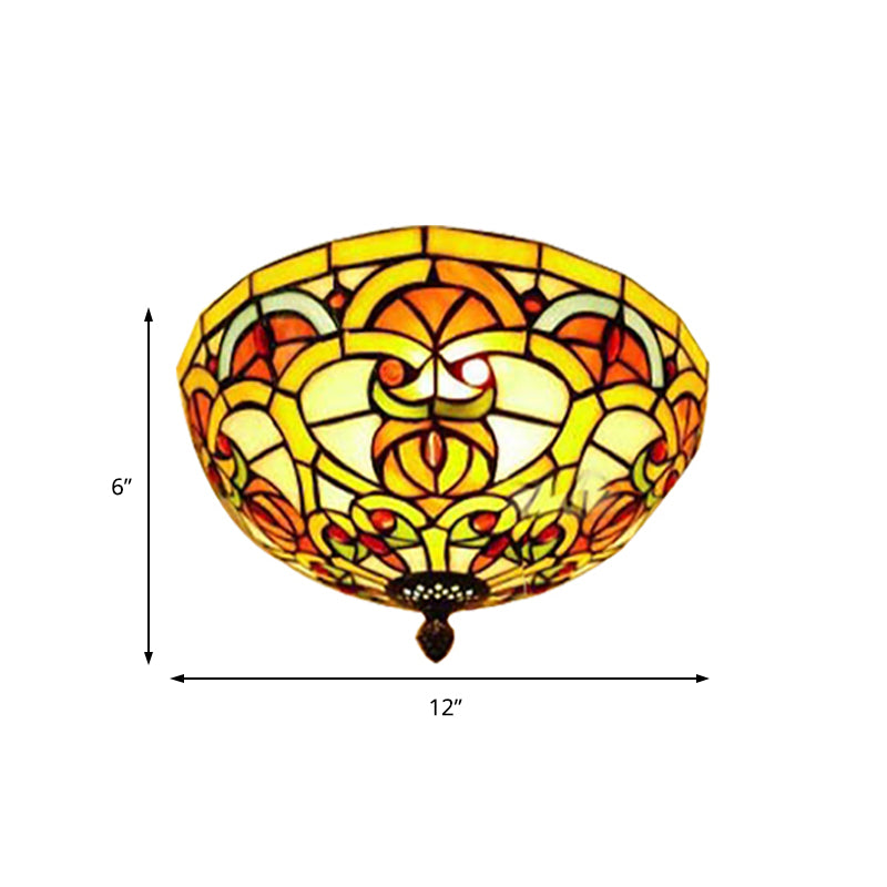 Tiffany Victorian Yellow Flush Ceiling Light Dome Stained Glass Ceiling Mount Light for Hotel Clearhalo 'Ceiling Lights' 'Chandeliers' 'Close To Ceiling Lights' 'Close to ceiling' 'Glass shade' 'Glass' 'Semi-flushmount' 'Tiffany close to ceiling' 'Tiffany' Lighting' 178036
