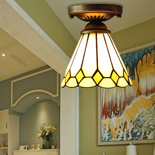 Shuttlecock Foyer Stair Ceiling Mount Light with Rhombus/Leaf Art Glass 1 Bulb Tiffany Ceiling Lamp in Bronze Finish Clearhalo 'Ceiling Lights' 'Close To Ceiling Lights' 'Close to ceiling' 'Glass shade' 'Glass' 'Pendant Lights' 'Semi-flushmount' 'Tiffany close to ceiling' 'Tiffany' Lighting' 178052