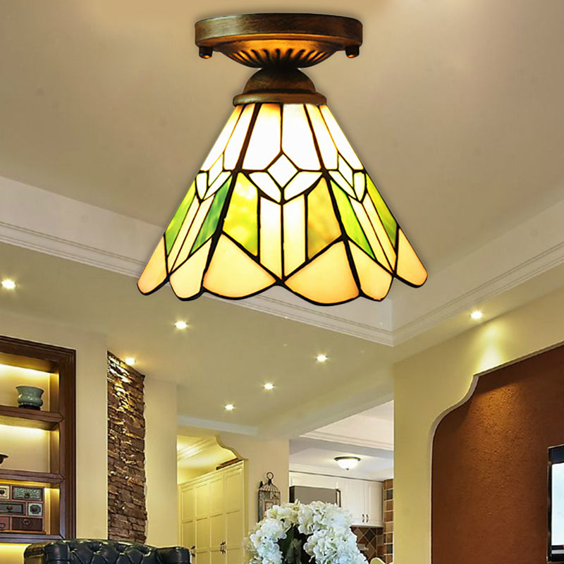 Shuttlecock Foyer Stair Ceiling Mount Light with Rhombus/Leaf Art Glass 1 Bulb Tiffany Ceiling Lamp in Bronze Finish Clearhalo 'Ceiling Lights' 'Close To Ceiling Lights' 'Close to ceiling' 'Glass shade' 'Glass' 'Pendant Lights' 'Semi-flushmount' 'Tiffany close to ceiling' 'Tiffany' Lighting' 178055