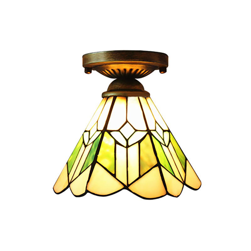 Shuttlecock Foyer Stair Ceiling Mount Light with Rhombus/Leaf Art Glass 1 Bulb Tiffany Ceiling Lamp in Bronze Finish Clearhalo 'Ceiling Lights' 'Close To Ceiling Lights' 'Close to ceiling' 'Glass shade' 'Glass' 'Pendant Lights' 'Semi-flushmount' 'Tiffany close to ceiling' 'Tiffany' Lighting' 178056