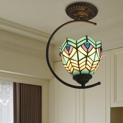 Stained Glass Peacock Semi Ceiling Mount Light One Light Tiffany Creative Ceiling Lamp in Blue for Cafe Blue Clearhalo 'Ceiling Lights' 'Close To Ceiling Lights' 'Close to ceiling' 'Glass shade' 'Glass' 'Semi-flushmount' 'Tiffany close to ceiling' 'Tiffany' Lighting' 178062