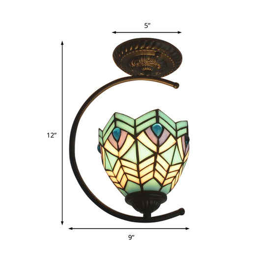 Stained Glass Peacock Semi Ceiling Mount Light One Light Tiffany Creative Ceiling Lamp in Blue for Cafe Clearhalo 'Ceiling Lights' 'Close To Ceiling Lights' 'Close to ceiling' 'Glass shade' 'Glass' 'Semi-flushmount' 'Tiffany close to ceiling' 'Tiffany' Lighting' 178065
