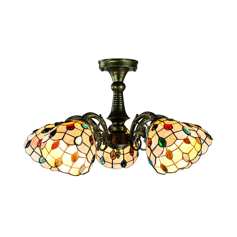 Stained Glass Tiffany Style Leaf/Peacock Tail/Flower Pendant Lighting 3/5 Lights Hanging Ceiling Light in Antique Bronze Clearhalo 'Ceiling Lights' 'Close To Ceiling Lights' 'Close to ceiling' 'Glass shade' 'Glass' 'Semi-flushmount' 'Tiffany close to ceiling' 'Tiffany' Lighting' 178067