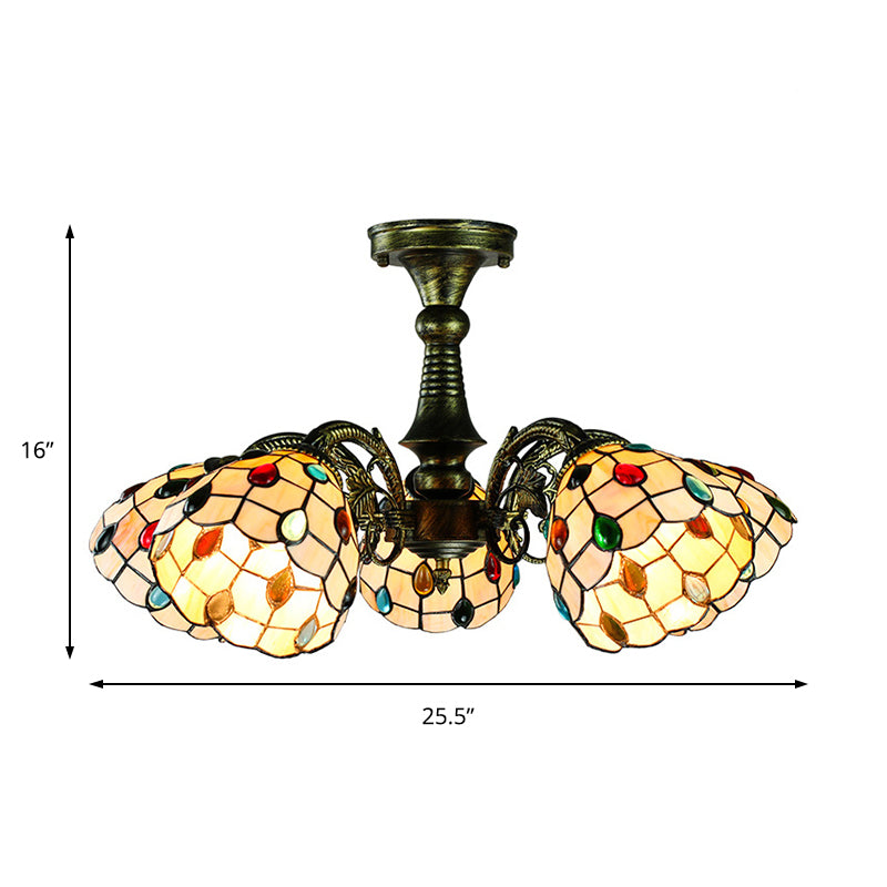 Stained Glass Tiffany Style Leaf/Peacock Tail/Flower Pendant Lighting 3/5 Lights Hanging Ceiling Light in Antique Bronze Clearhalo 'Ceiling Lights' 'Close To Ceiling Lights' 'Close to ceiling' 'Glass shade' 'Glass' 'Semi-flushmount' 'Tiffany close to ceiling' 'Tiffany' Lighting' 178068
