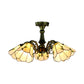 Stained Glass Tiffany Style Leaf/Peacock Tail/Flower Pendant Lighting 3/5 Lights Hanging Ceiling Light in Antique Bronze Clearhalo 'Ceiling Lights' 'Close To Ceiling Lights' 'Close to ceiling' 'Glass shade' 'Glass' 'Semi-flushmount' 'Tiffany close to ceiling' 'Tiffany' Lighting' 178072