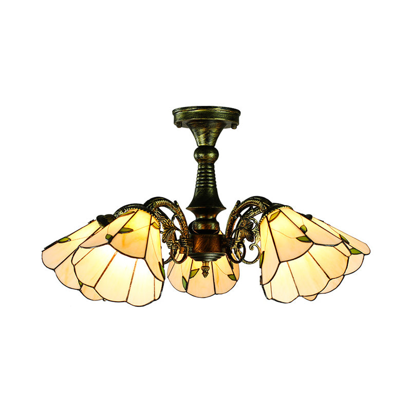 Stained Glass Tiffany Style Leaf/Peacock Tail/Flower Pendant Lighting 3/5 Lights Hanging Ceiling Light in Antique Bronze Clearhalo 'Ceiling Lights' 'Close To Ceiling Lights' 'Close to ceiling' 'Glass shade' 'Glass' 'Semi-flushmount' 'Tiffany close to ceiling' 'Tiffany' Lighting' 178072