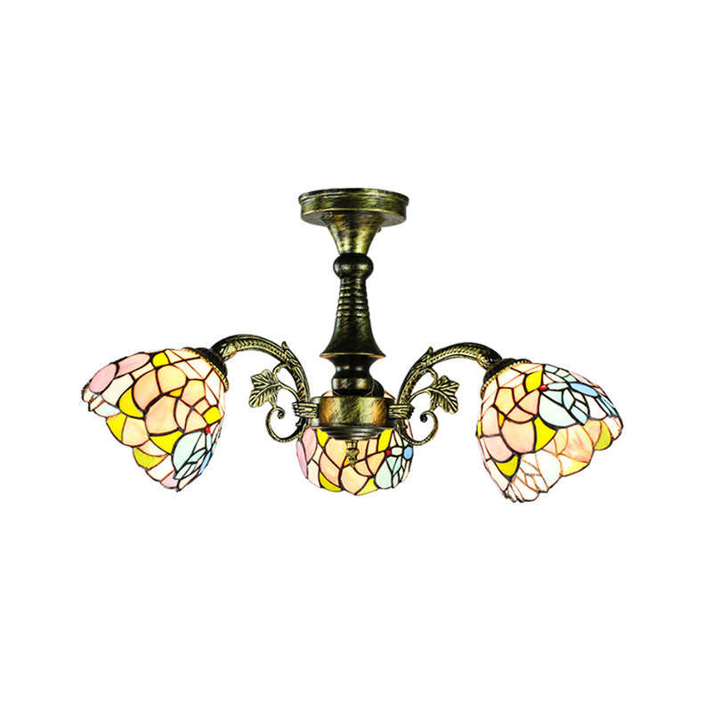 Stained Glass Tiffany Style Leaf/Peacock Tail/Flower Pendant Lighting 3/5 Lights Hanging Ceiling Light in Antique Bronze Clearhalo 'Ceiling Lights' 'Close To Ceiling Lights' 'Close to ceiling' 'Glass shade' 'Glass' 'Semi-flushmount' 'Tiffany close to ceiling' 'Tiffany' Lighting' 178074