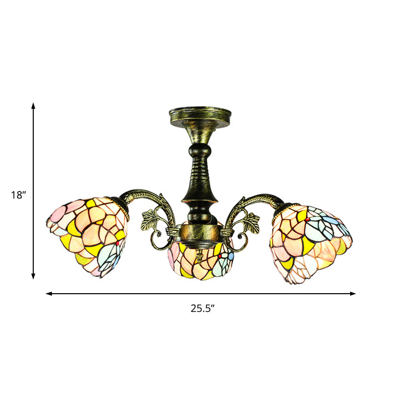 Stained Glass Tiffany Style Leaf/Peacock Tail/Flower Pendant Lighting 3/5 Lights Hanging Ceiling Light in Antique Bronze Clearhalo 'Ceiling Lights' 'Close To Ceiling Lights' 'Close to ceiling' 'Glass shade' 'Glass' 'Semi-flushmount' 'Tiffany close to ceiling' 'Tiffany' Lighting' 178075