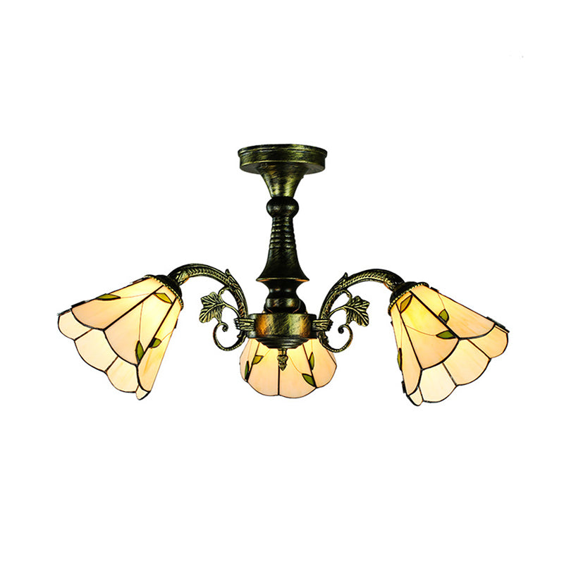 Stained Glass Tiffany Style Leaf/Peacock Tail/Flower Pendant Lighting 3/5 Lights Hanging Ceiling Light in Antique Bronze Clearhalo 'Ceiling Lights' 'Close To Ceiling Lights' 'Close to ceiling' 'Glass shade' 'Glass' 'Semi-flushmount' 'Tiffany close to ceiling' 'Tiffany' Lighting' 178077