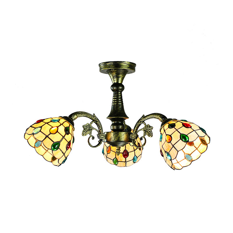 Stained Glass Tiffany Style Leaf/Peacock Tail/Flower Pendant Lighting 3/5 Lights Hanging Ceiling Light in Antique Bronze Clearhalo 'Ceiling Lights' 'Close To Ceiling Lights' 'Close to ceiling' 'Glass shade' 'Glass' 'Semi-flushmount' 'Tiffany close to ceiling' 'Tiffany' Lighting' 178080