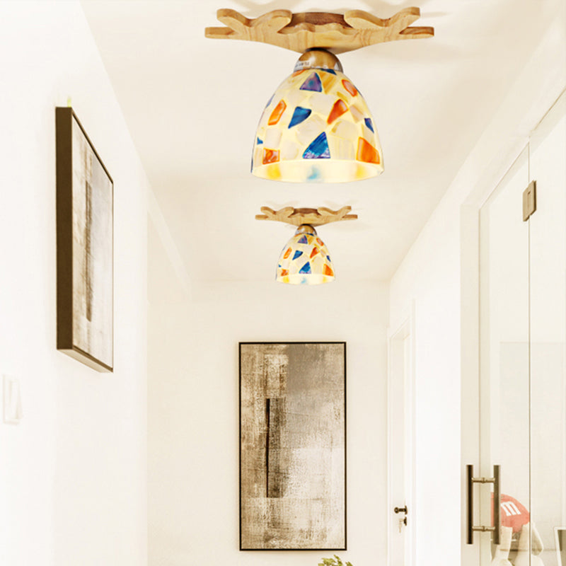 Antique Domed Ceiling Mount Light with Deer Horn 1 Light Glass Ceiling Lamp in Beige for Shop Clearhalo 'Ceiling Lights' 'Chandeliers' 'Close To Ceiling Lights' 'Close to ceiling' 'Glass shade' 'Glass' 'Semi-flushmount' 'Tiffany close to ceiling' 'Tiffany' Lighting' 178088