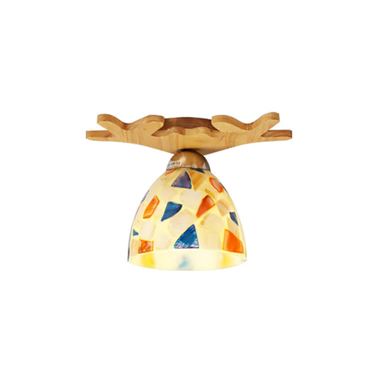 Antique Domed Ceiling Mount Light with Deer Horn 1 Light Glass Ceiling Lamp in Beige for Shop Clearhalo 'Ceiling Lights' 'Chandeliers' 'Close To Ceiling Lights' 'Close to ceiling' 'Glass shade' 'Glass' 'Semi-flushmount' 'Tiffany close to ceiling' 'Tiffany' Lighting' 178089