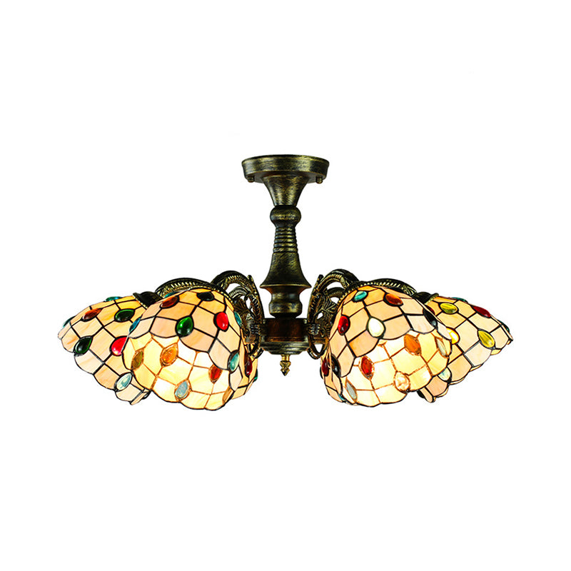 6 Lights Peacock Tail/Leaf/Flower Pendant Light with Shade Tiffany Vintage Stained Glass Chandelier Lighting in Antique Bronze Clearhalo 'Ceiling Lights' 'Close To Ceiling Lights' 'Close to ceiling' 'Glass shade' 'Glass' 'Semi-flushmount' 'Tiffany close to ceiling' 'Tiffany' Lighting' 178093