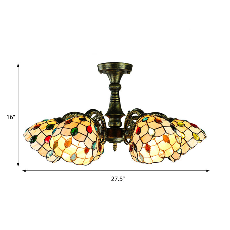 6 Lights Peacock Tail/Leaf/Flower Pendant Light with Shade Tiffany Vintage Stained Glass Chandelier Lighting in Antique Bronze Clearhalo 'Ceiling Lights' 'Close To Ceiling Lights' 'Close to ceiling' 'Glass shade' 'Glass' 'Semi-flushmount' 'Tiffany close to ceiling' 'Tiffany' Lighting' 178094