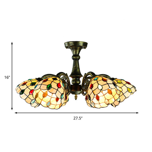 6 Lights Peacock Tail/Leaf/Flower Pendant Light with Shade Tiffany Vintage Stained Glass Chandelier Lighting in Antique Bronze Clearhalo 'Ceiling Lights' 'Close To Ceiling Lights' 'Close to ceiling' 'Glass shade' 'Glass' 'Semi-flushmount' 'Tiffany close to ceiling' 'Tiffany' Lighting' 178094