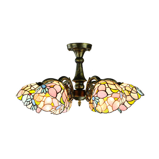 6 Lights Peacock Tail/Leaf/Flower Pendant Light with Shade Tiffany Vintage Stained Glass Chandelier Lighting in Antique Bronze Clearhalo 'Ceiling Lights' 'Close To Ceiling Lights' 'Close to ceiling' 'Glass shade' 'Glass' 'Semi-flushmount' 'Tiffany close to ceiling' 'Tiffany' Lighting' 178096