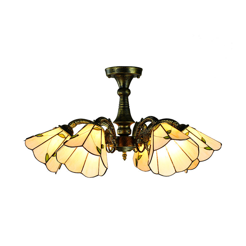 6 Lights Peacock Tail/Leaf/Flower Pendant Light with Shade Tiffany Vintage Stained Glass Chandelier Lighting in Antique Bronze Clearhalo 'Ceiling Lights' 'Close To Ceiling Lights' 'Close to ceiling' 'Glass shade' 'Glass' 'Semi-flushmount' 'Tiffany close to ceiling' 'Tiffany' Lighting' 178098