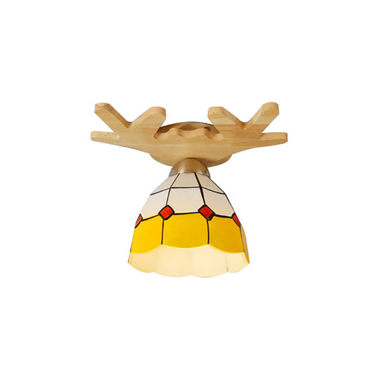 Tiffany Traditional Bowl Ceiling Light with Antlers Art Glass Single Light Yellow Ceiling Lamp for Bookstore Clearhalo 'Ceiling Lights' 'Close To Ceiling Lights' 'Close to ceiling' 'Glass shade' 'Glass' 'Semi-flushmount' 'Tiffany close to ceiling' 'Tiffany' Lighting' 178101