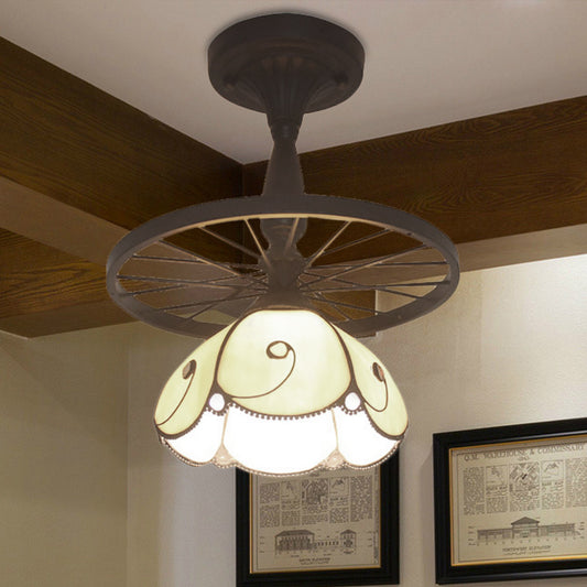 Beige Petal Shaped Semi Flush Ceiling Light with Wheel 1 Light Tiffany Industrial Glass Ceiling Lamp for Cafe Beige Clearhalo 'Ceiling Lights' 'Close To Ceiling Lights' 'Close to ceiling' 'Glass shade' 'Glass' 'Semi-flushmount' 'Tiffany close to ceiling' 'Tiffany' Lighting' 178110