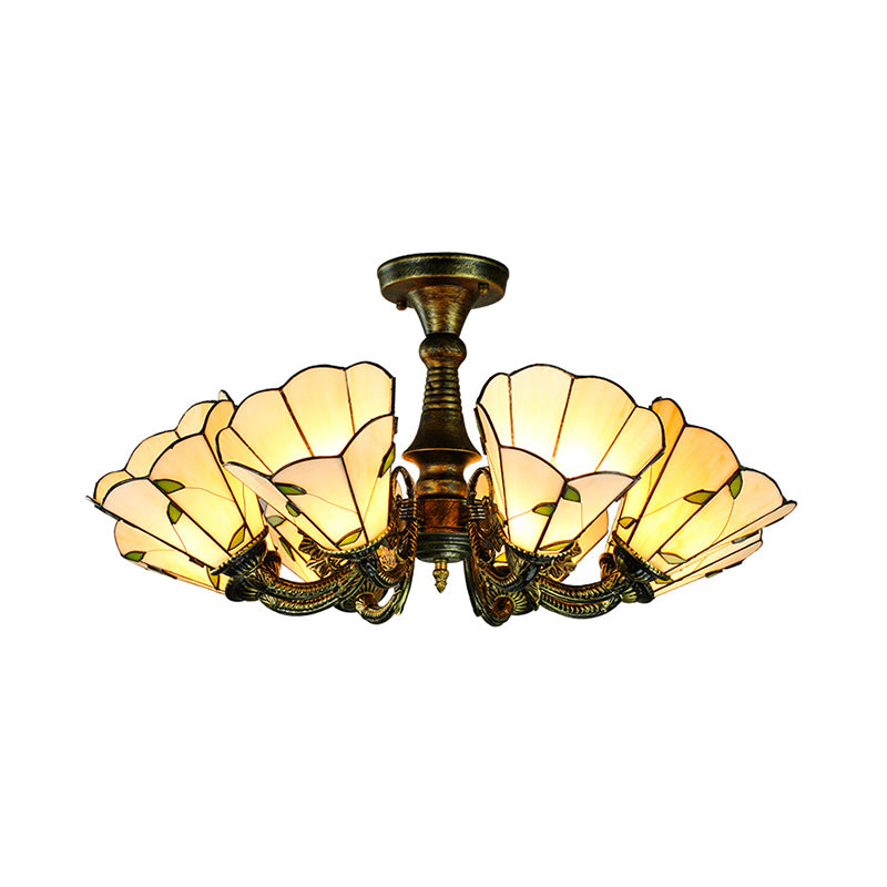 Vintage Rustic Chandelier Light with Shade Up/Down Stained Glass Multi Light Suspension Light with Leaf/Peacock Tail/Flower in Bronze Clearhalo 'Ceiling Lights' 'Chandeliers' 'Close To Ceiling Lights' 'Close to ceiling' 'Glass shade' 'Glass' 'Semi-flushmount' 'Tiffany close to ceiling' 'Tiffany' Lighting' 178123