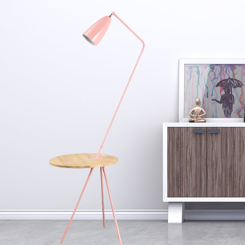 Metal Elongated Floor Reading Light Simple 1 Bulb Black/Pink/Yellow Tripod Floor Standing Lighting with Shelf for Living Room Pink Clearhalo 'Floor Lamps' 'Lamps' Lighting' 1781249