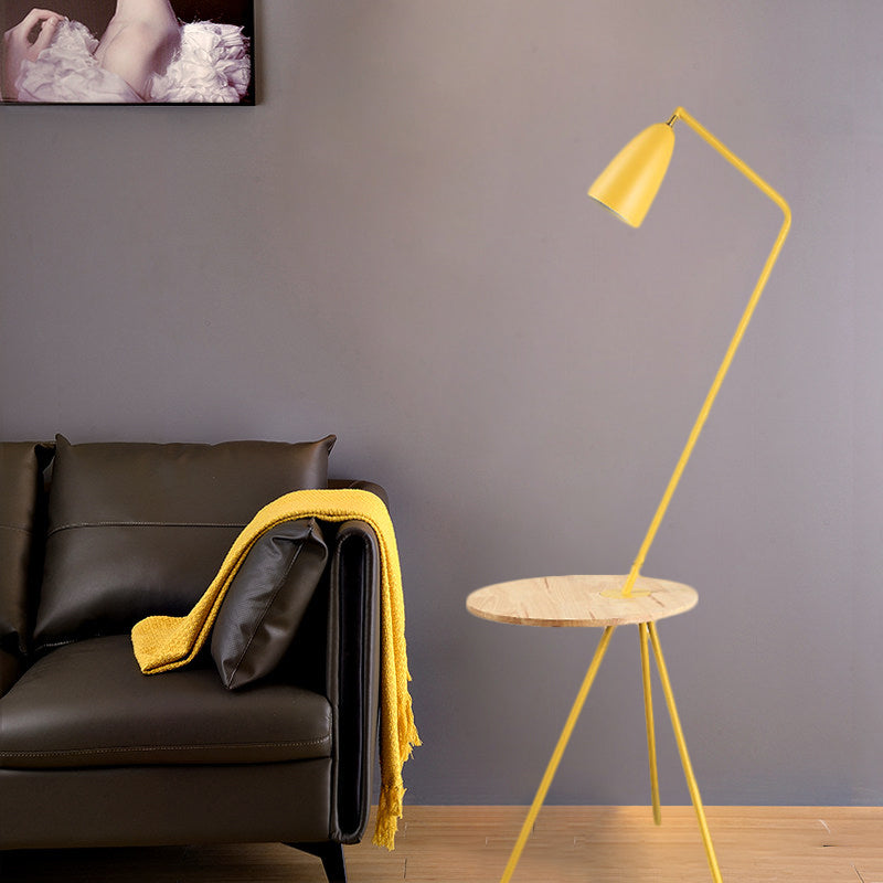 Metal Elongated Floor Reading Light Simple 1 Bulb Black/Pink/Yellow Tripod Floor Standing Lighting with Shelf for Living Room Clearhalo 'Floor Lamps' 'Lamps' Lighting' 1781254