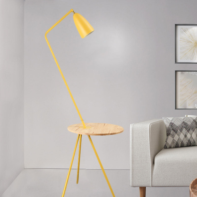 Metal Elongated Floor Reading Light Simple 1 Bulb Black/Pink/Yellow Tripod Floor Standing Lighting with Shelf for Living Room Clearhalo 'Floor Lamps' 'Lamps' Lighting' 1781255