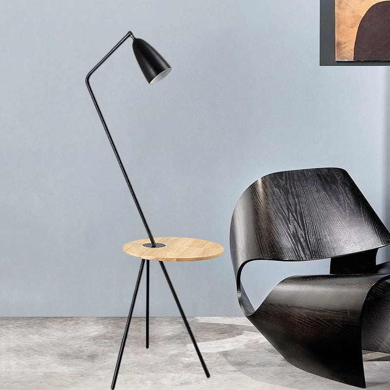 Metal Elongated Floor Reading Light Simple 1 Bulb Black/Pink/Yellow Tripod Floor Standing Lighting with Shelf for Living Room Clearhalo 'Floor Lamps' 'Lamps' Lighting' 1781259