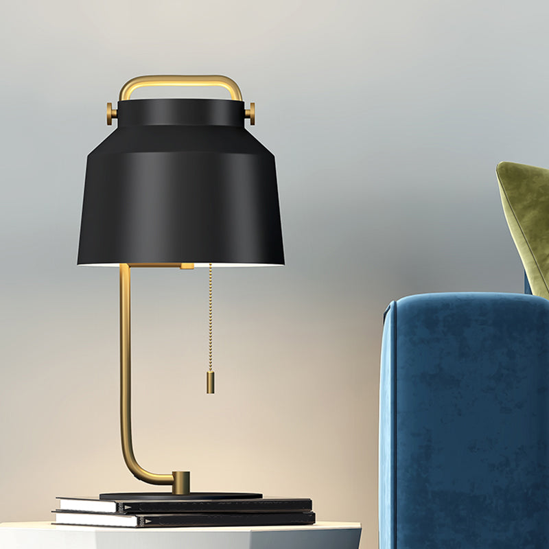 Tapered Drum Table Lamp Contemporary Metal 1 Bulb Bedroom Night Lighting in Black with Pull Chain Black Clearhalo 'Lamps' 'Table Lamps' Lighting' 1781270