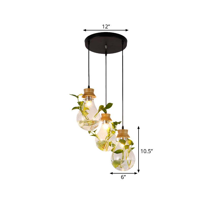12"/19.5" W 3-Head Cluster Pendant Farmhouse Bulb Shaped Clear Glass Hanging Light Kit in Black, Linear/Round Canopy Clearhalo 'Ceiling Lights' 'Glass shade' 'Glass' 'Pendant Lights' 'Pendants' Lighting' 1781289