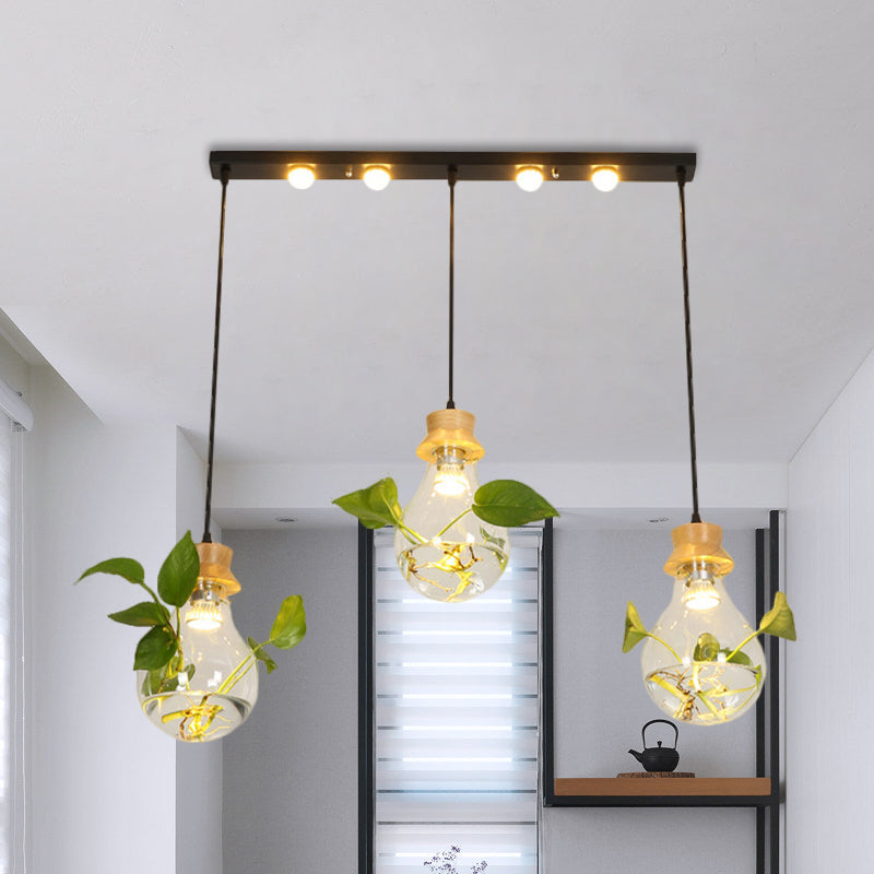 12"/19.5" W 3-Head Cluster Pendant Farmhouse Bulb Shaped Clear Glass Hanging Light Kit in Black, Linear/Round Canopy Clearhalo 'Ceiling Lights' 'Glass shade' 'Glass' 'Pendant Lights' 'Pendants' Lighting' 1781291