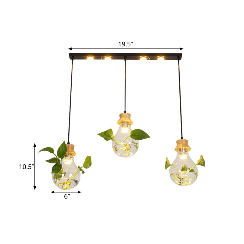 12"/19.5" W 3-Head Cluster Pendant Farmhouse Bulb Shaped Clear Glass Hanging Light Kit in Black, Linear/Round Canopy Clearhalo 'Ceiling Lights' 'Glass shade' 'Glass' 'Pendant Lights' 'Pendants' Lighting' 1781294