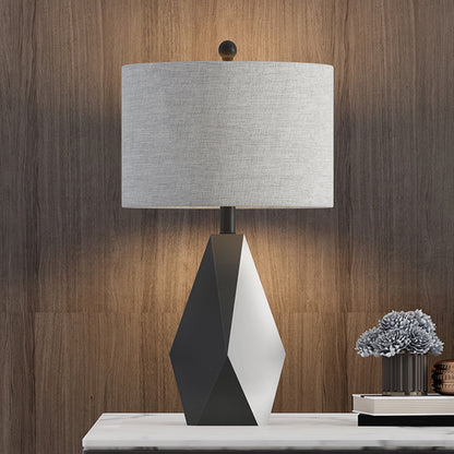 Fabric Cylinder Table Lamp Minimal 1 Bulb Grey Finish Night Lighting with Metal Geometric Base Grey Clearhalo 'Lamps' 'Table Lamps' Lighting' 1781295