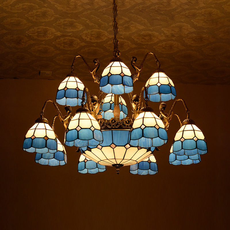 15 Lights Living Room Ceiling Lamp Tiffany Style Blue Chandelier Light with Dome Cut Glass Shade Clearhalo 'Ceiling Lights' 'Chandeliers' 'Industrial' 'Middle Century Chandeliers' 'Tiffany Chandeliers' 'Tiffany close to ceiling' 'Tiffany' Lighting' 178130