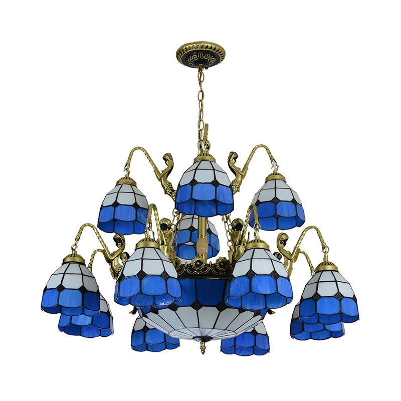 15 Lights Living Room Ceiling Lamp Tiffany Style Blue Chandelier Light with Dome Cut Glass Shade Clearhalo 'Ceiling Lights' 'Chandeliers' 'Industrial' 'Middle Century Chandeliers' 'Tiffany Chandeliers' 'Tiffany close to ceiling' 'Tiffany' Lighting' 178131