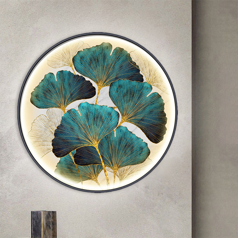 Circular Ginkgo Leave Wall Lighting Asia Style Metal LED Tearoom Wall Mural Sconce in Green/Yellow-Green Green Clearhalo 'Wall Lamps & Sconces' 'Wall Lights' Lighting' 1781314